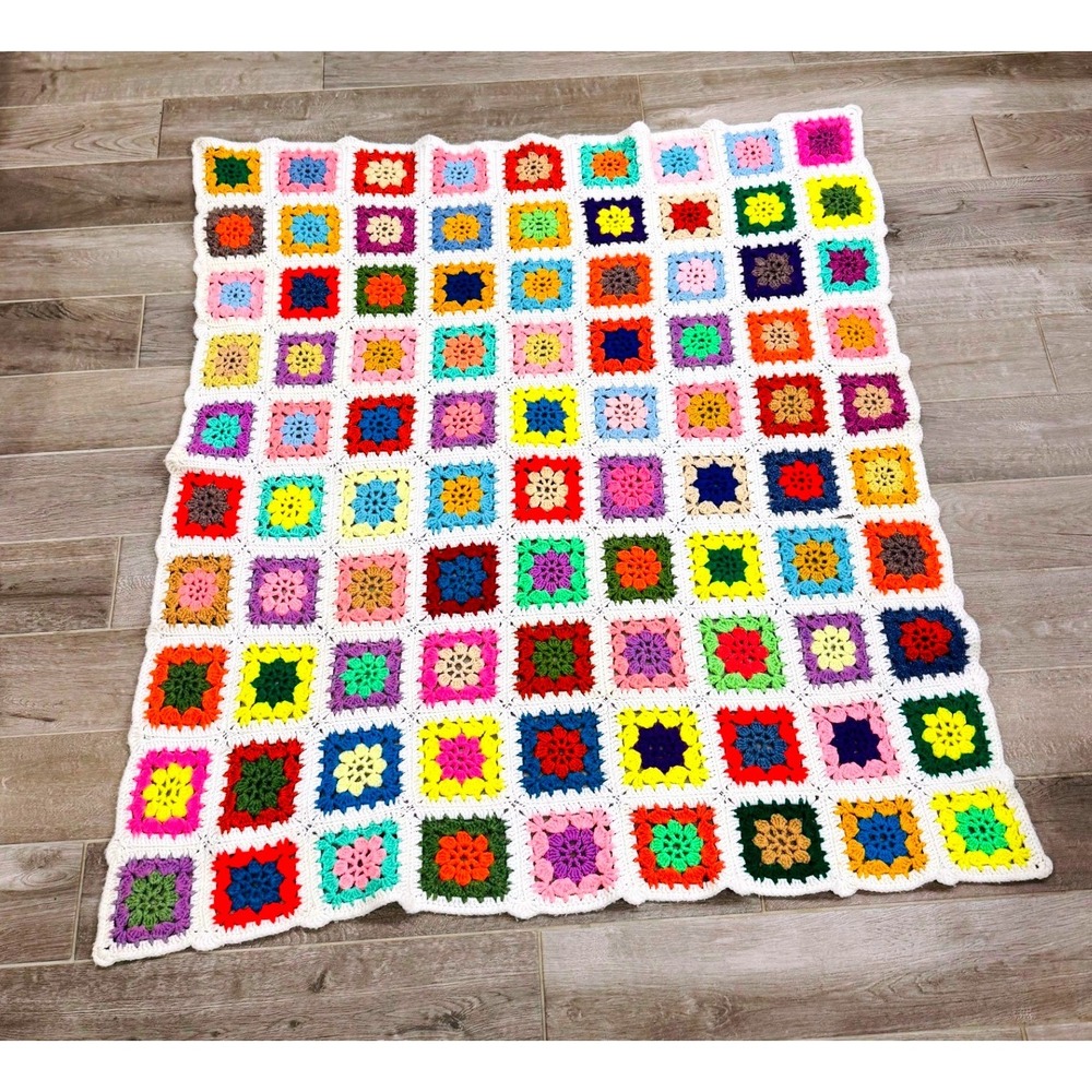 Handmade Crochet Granny Square Afghan Throw Multicolor Floral Blanket Retro Cozy